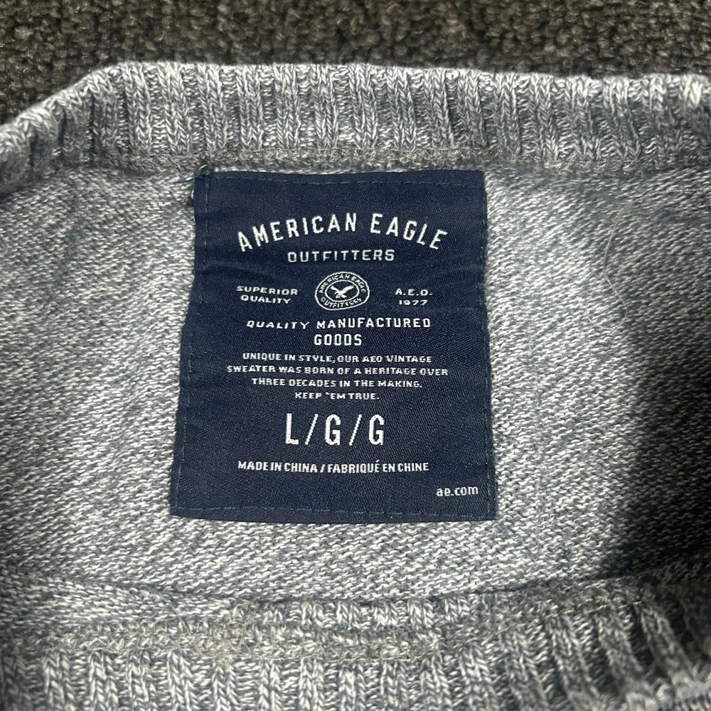 American Eagle Sweater Mens Large Gray Navy Striped Cotton Crewneck Excellent